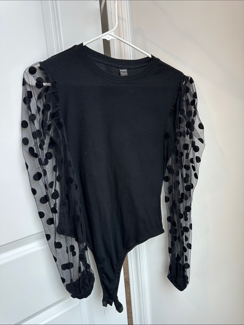 Black Polka Dot Mesh Sleeve Bodysuit - Women